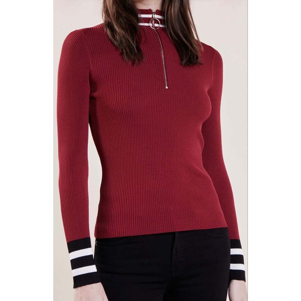 Maje Red Ribbed Knit Half Zip Sweater Top Size 2 Striped Mock Neck